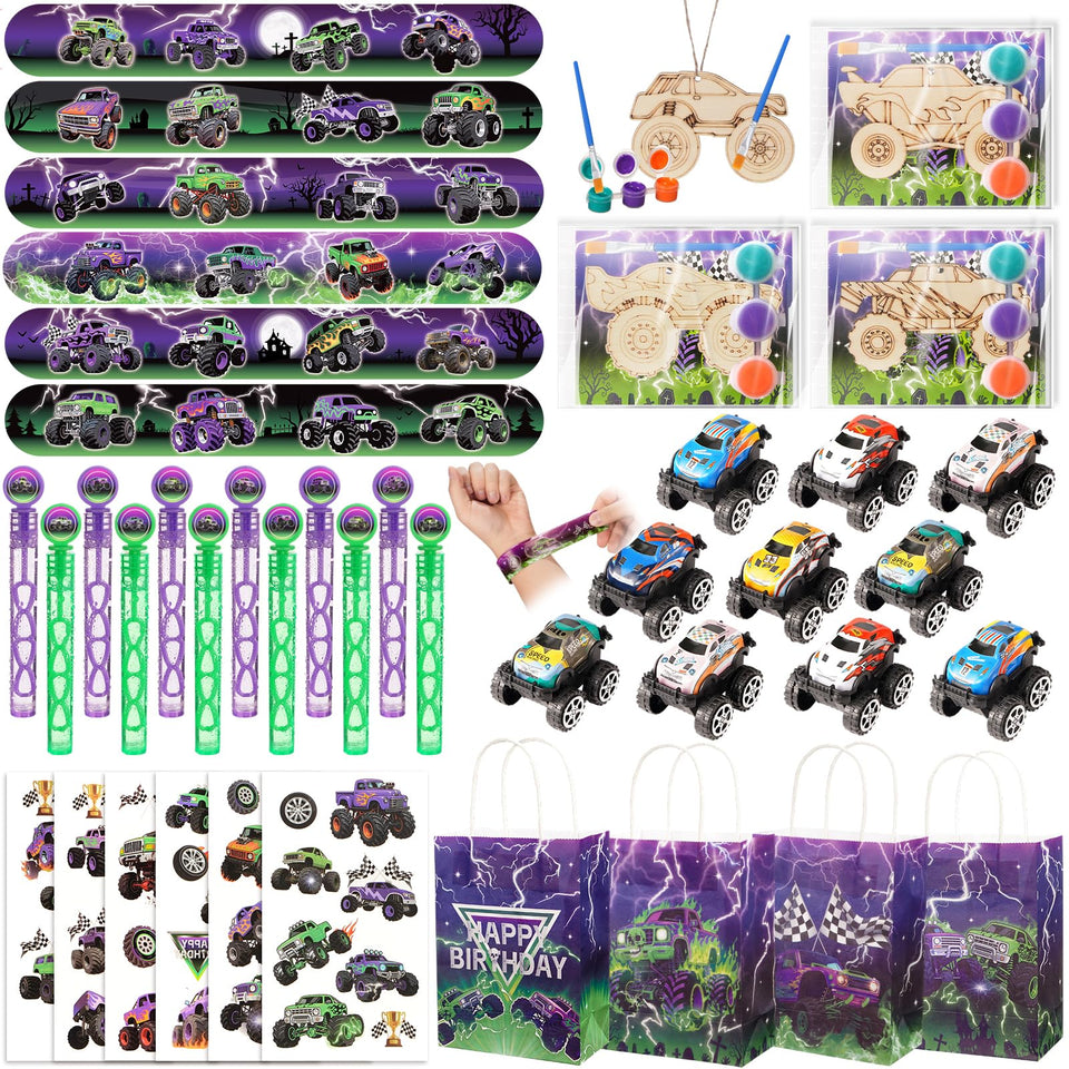 Vanblue Monster Truck party favors pack ready for a vibrant birthday celebration.