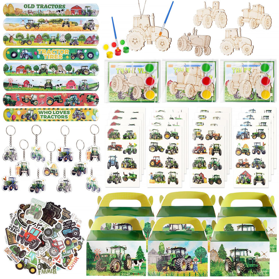 Vanblue tractor party favors packaging with vibrant colors for party planning.
