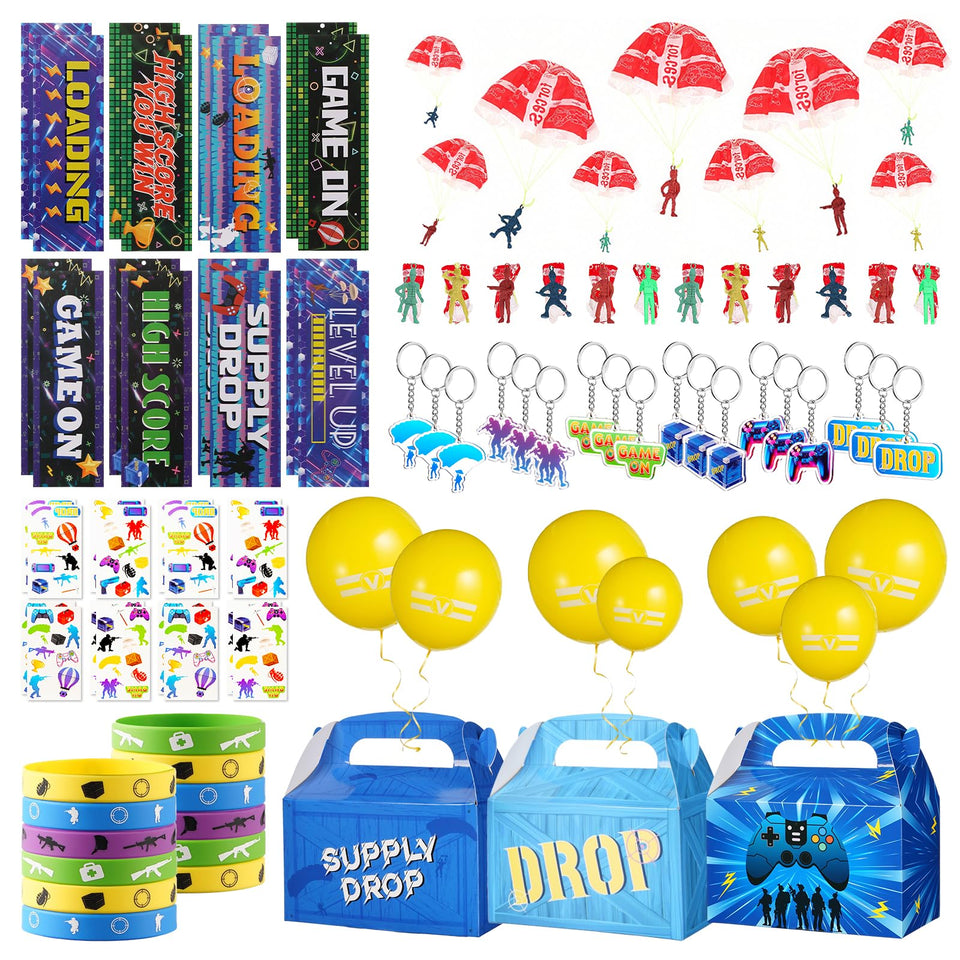 Vanblue gift boxes with game art for party décor and gifts.