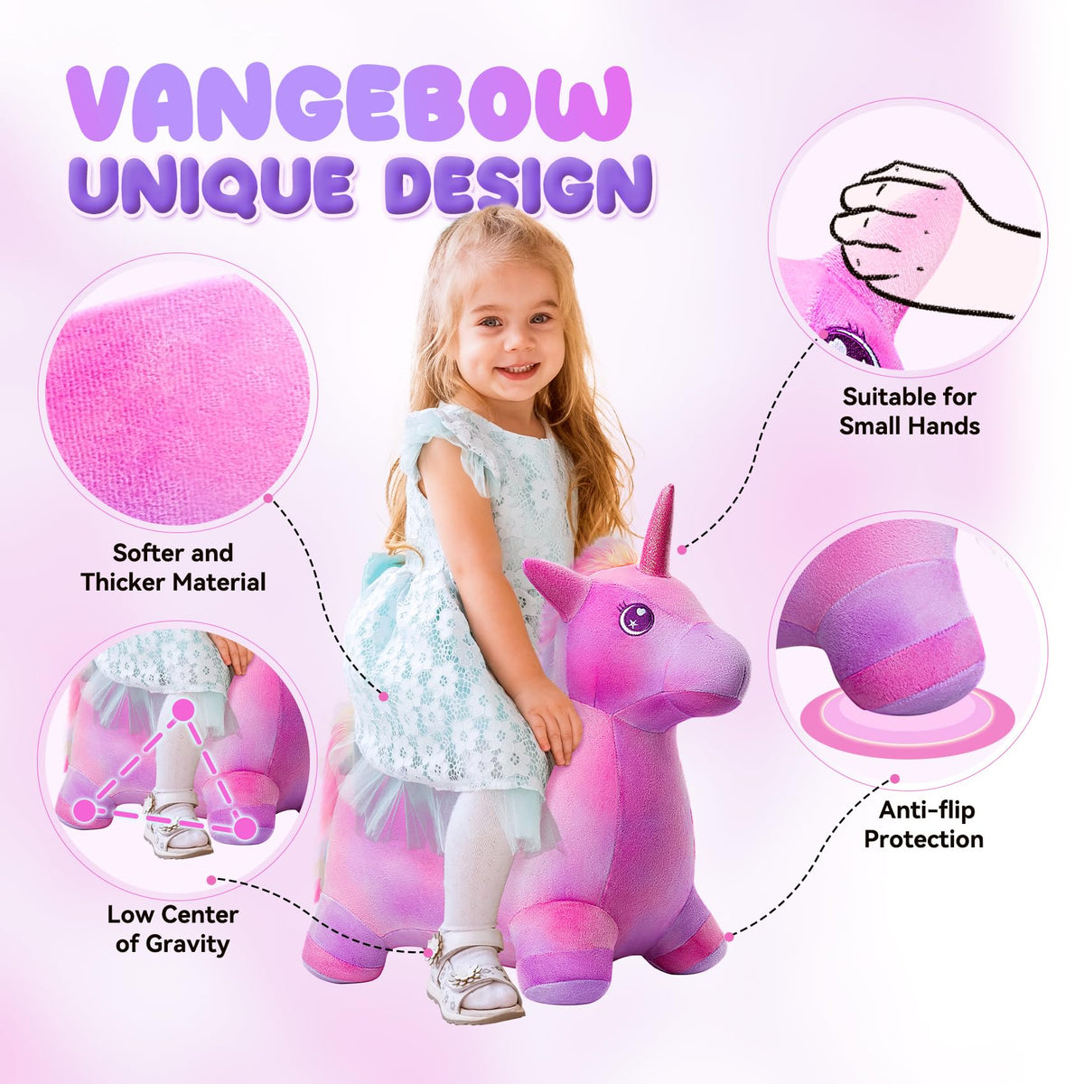 VangeBow unicorn bouncy horse featuring flowing mane for tactile engagement