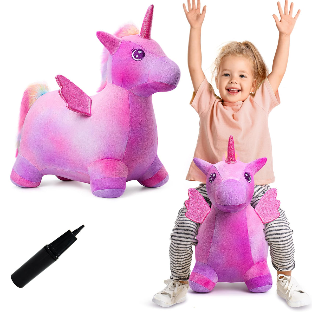 VangeBow unicorn bouncy horse plush with soft rainbow coat for cozy play