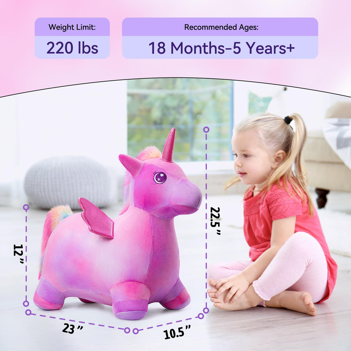 VangeBow unicorn bouncy horse with sparkling horn for magical pretend play