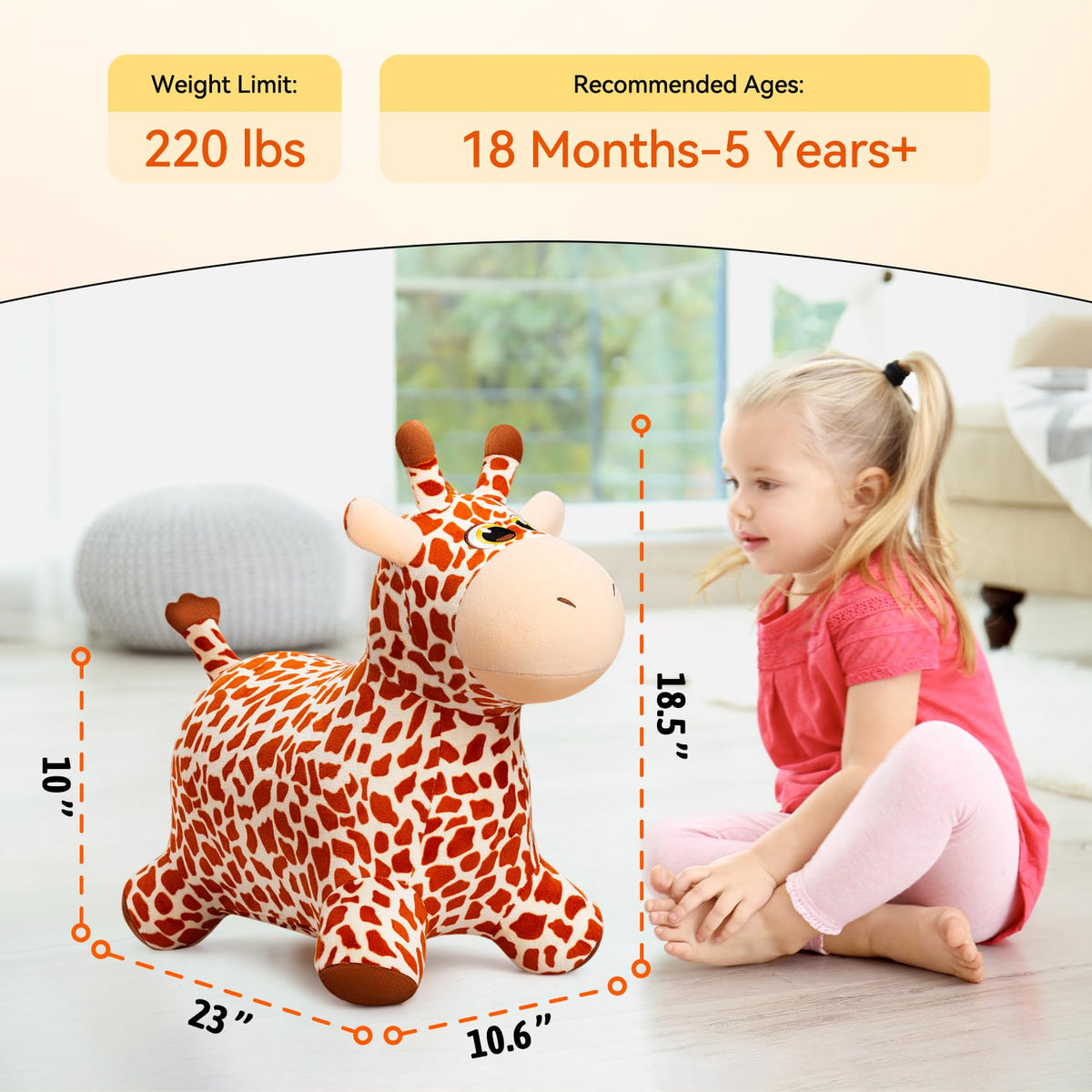 VangeBow giraffe bouncer horns detail adds friendly safari charm for toddlers.