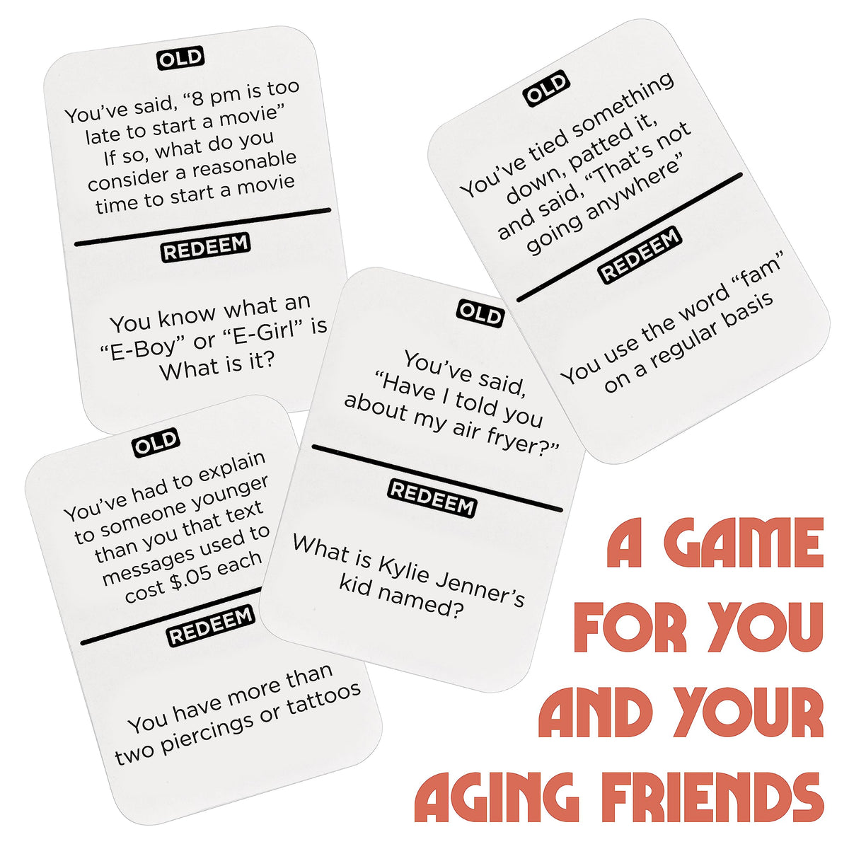 Vango You're Getting Old card prompt stack showcasing humorous prompts for players