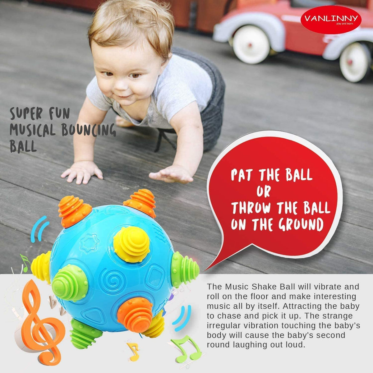 VANLINNY Bumble Ball in musical play mode encourages engagement and auditory development.