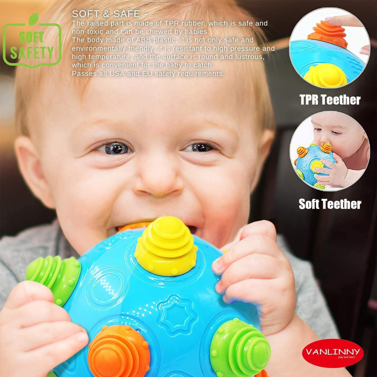 VANLINNY Bumble Ball with textured surface supports grasping and sensory exploration.