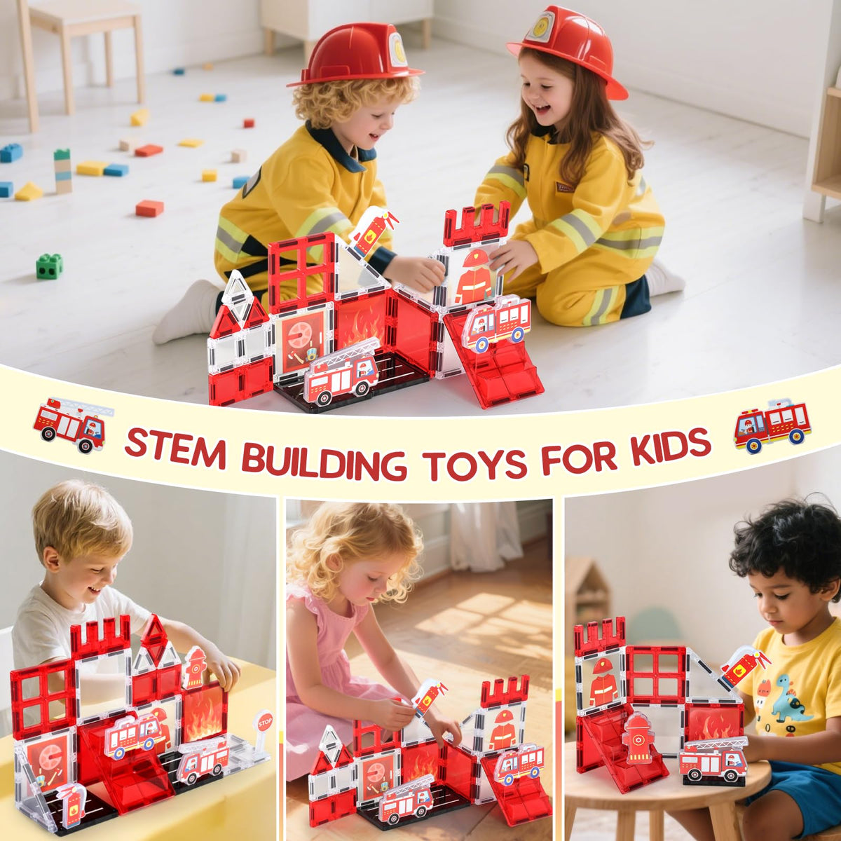 Vanlinny kids building firetruck tiles encourages cooperative play and spatial reasoning.