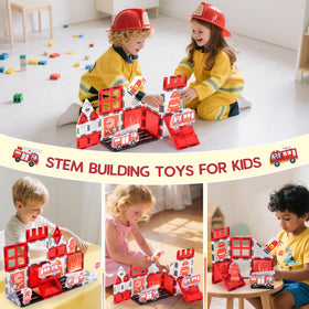 Vanlinny kids building firetruck tiles encourages cooperative play and spatial reasoning.