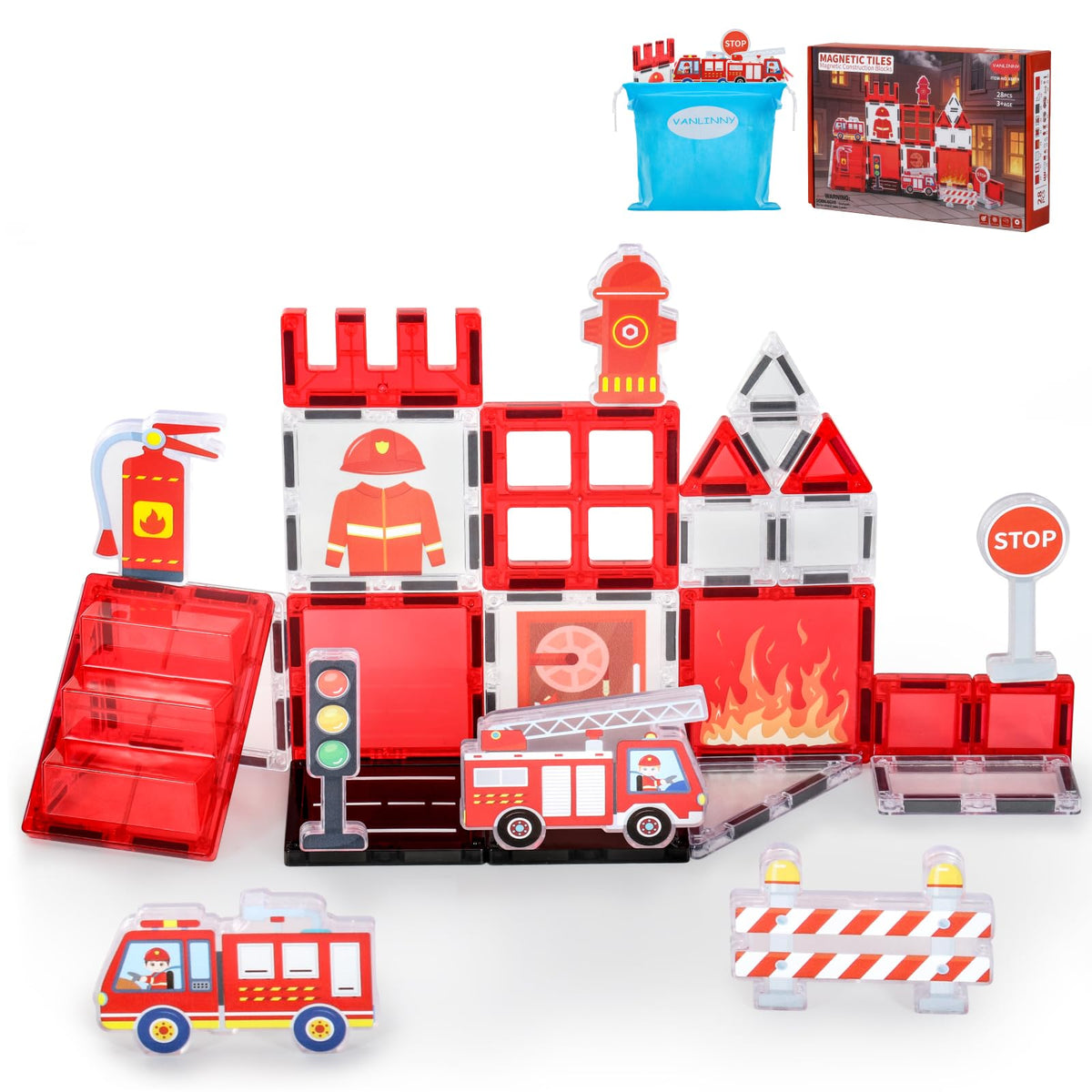 Vanlinny magnetic tiles firetruck set for imaginative play and early STEM exploration.