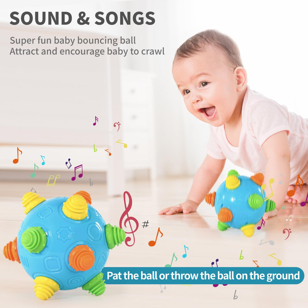 Bright colors and bold patterns on the Bumble Ball attract little eyes and hands.