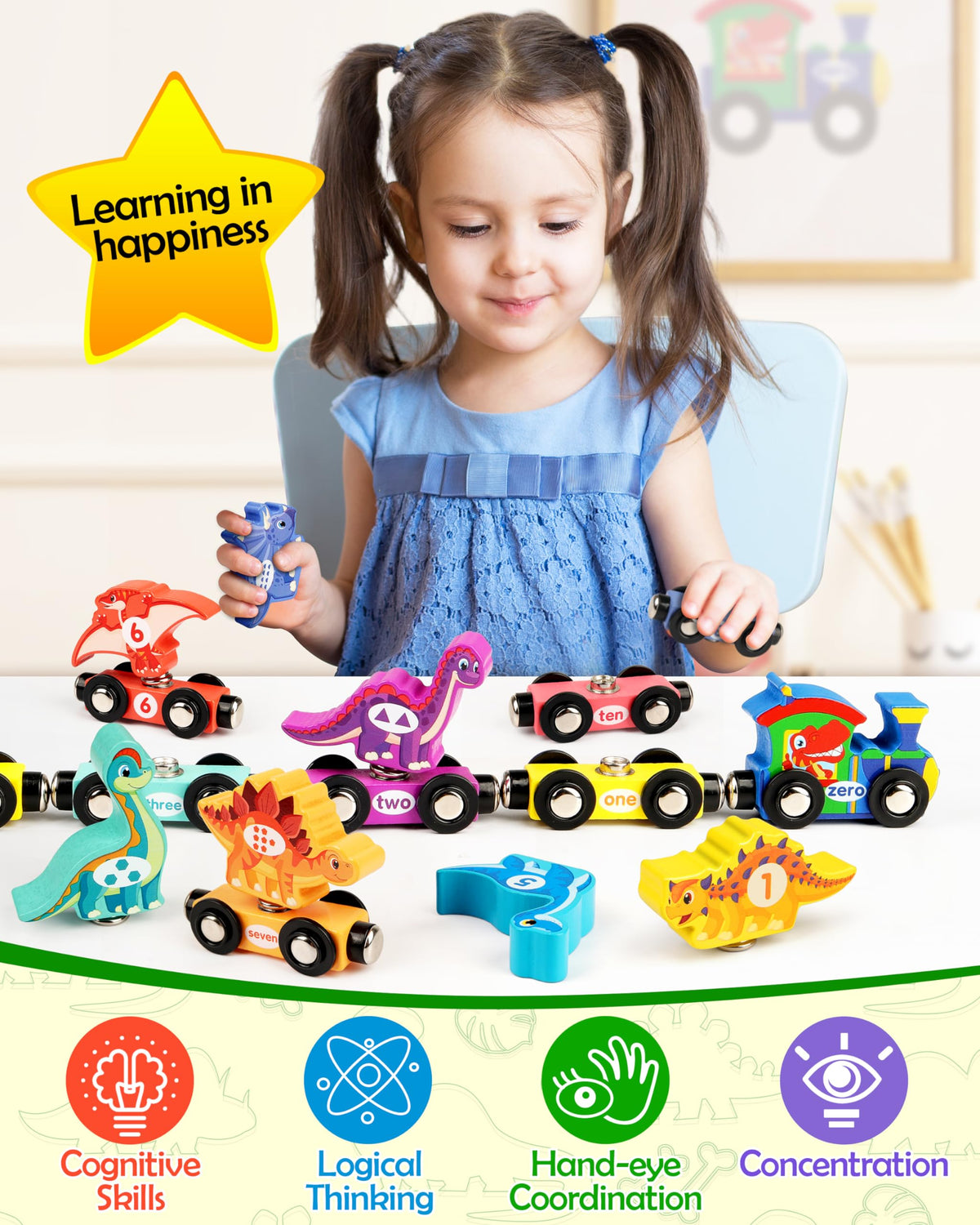 Vanmor numbered train cars 0-10 beside cheerful dinosaurs for hands-on counting