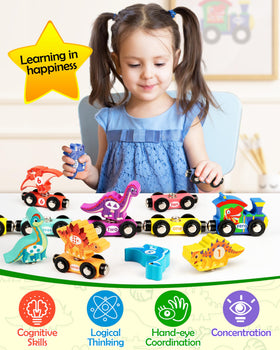Vanmor numbered train cars 0-10 beside cheerful dinosaurs for hands-on counting