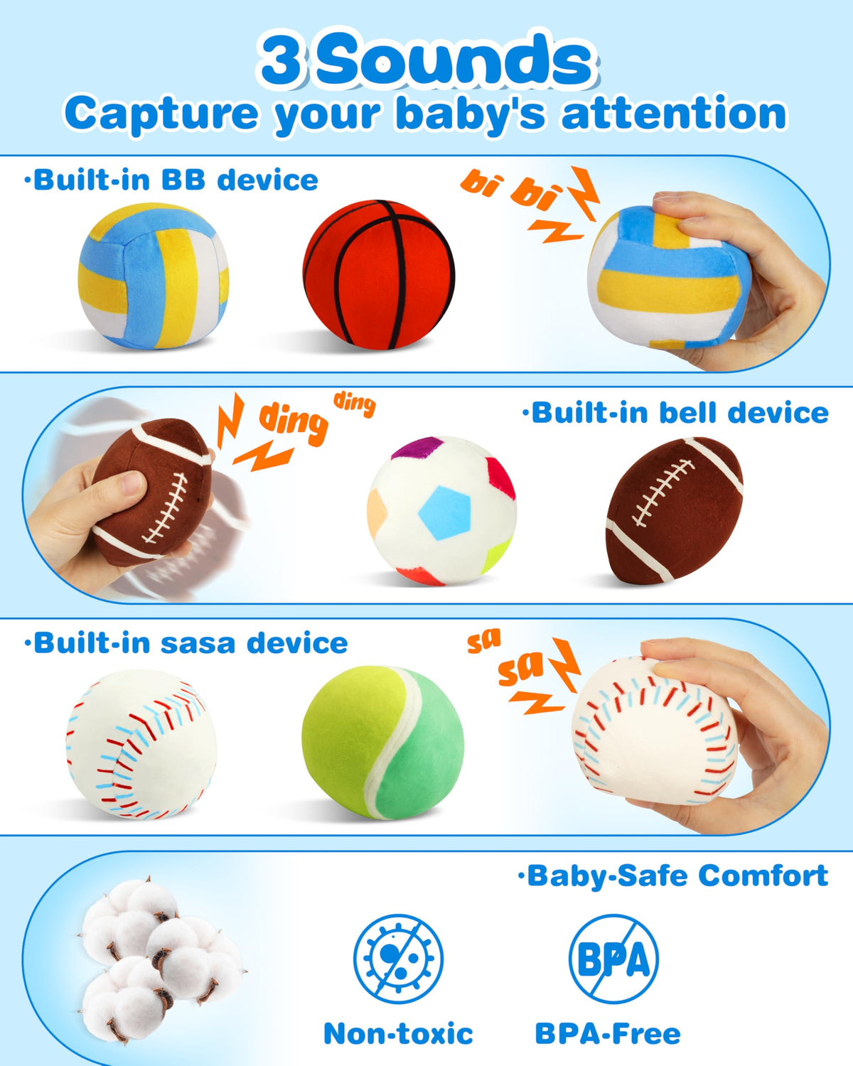 Vanmor balls with rattles encourage grasping and sensory exploration.