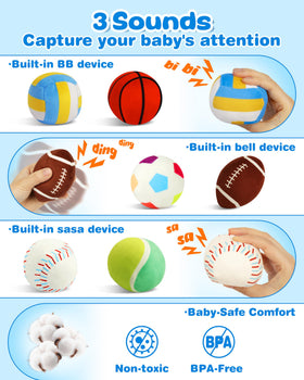 Vanmor balls with rattles encourage grasping and sensory exploration.