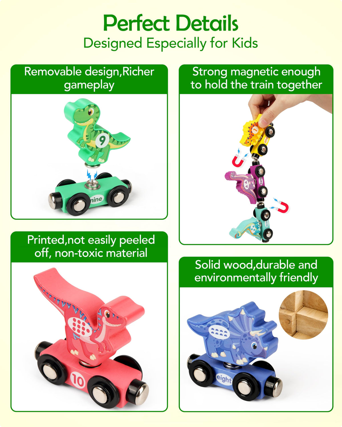 Vanmor wooden train pieces snap together smoothly for tactile play