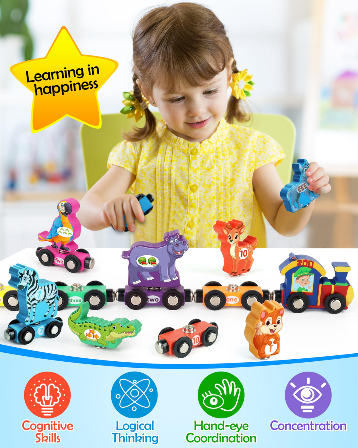 Vanmor train cars pair with magnetic animals for matching play.