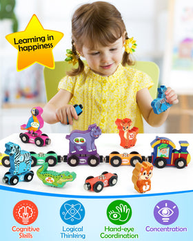 Vanmor train cars pair with magnetic animals for matching play.