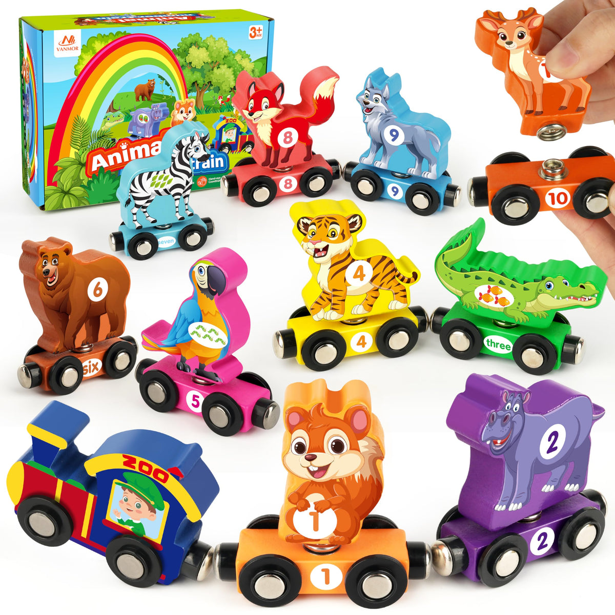 Vanmor train set numbers 0-10 with animal magnets for early counting.