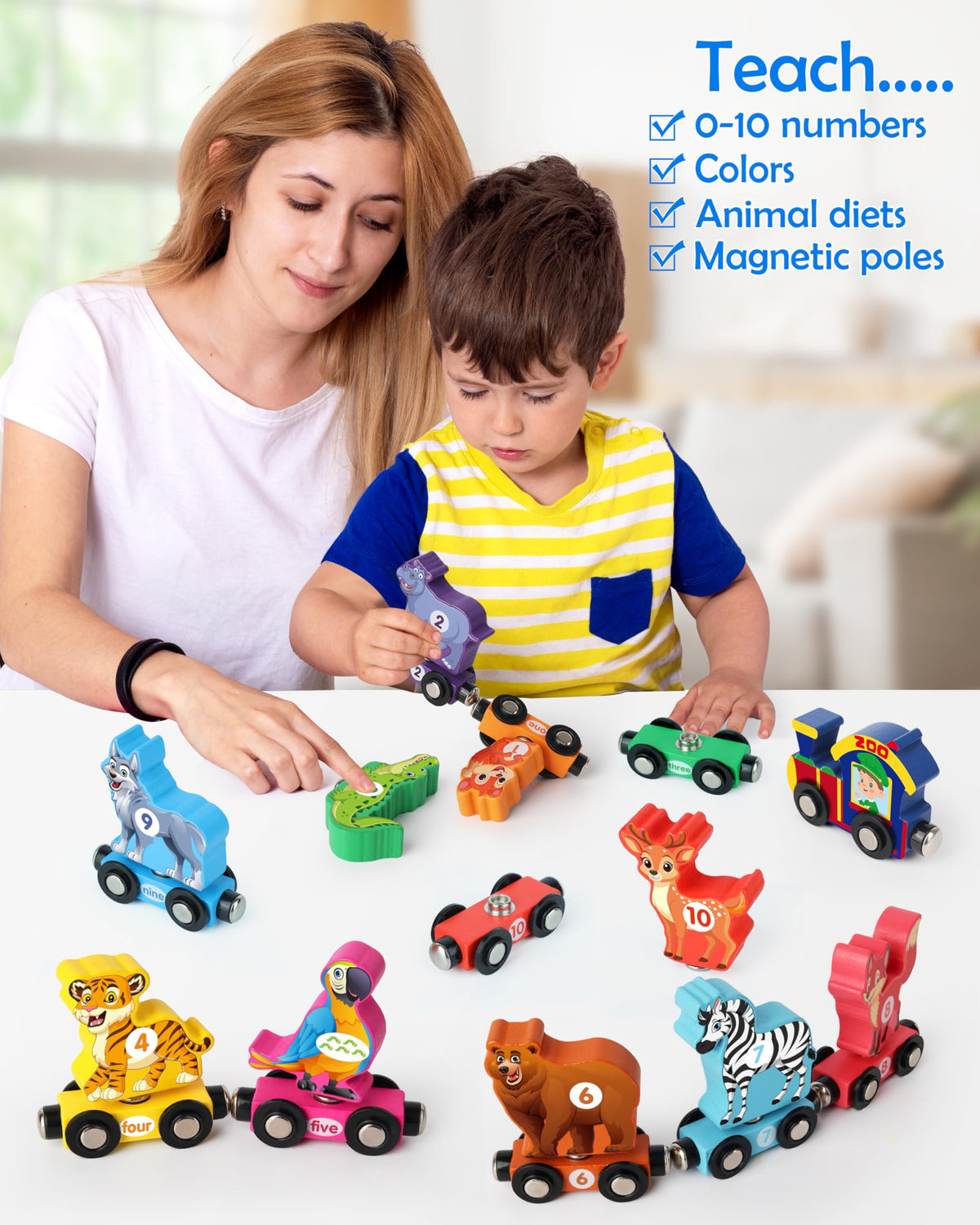 Vanmor train set features vibrant colors and friendly animals to engage kids.