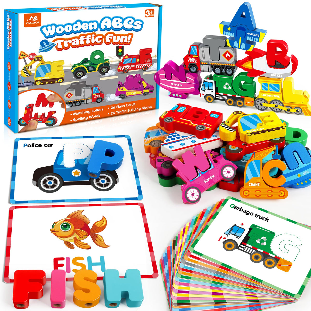 Vanmor wooden vehicle alphabet puzzle front view showing colorful blocks for letter recognition.