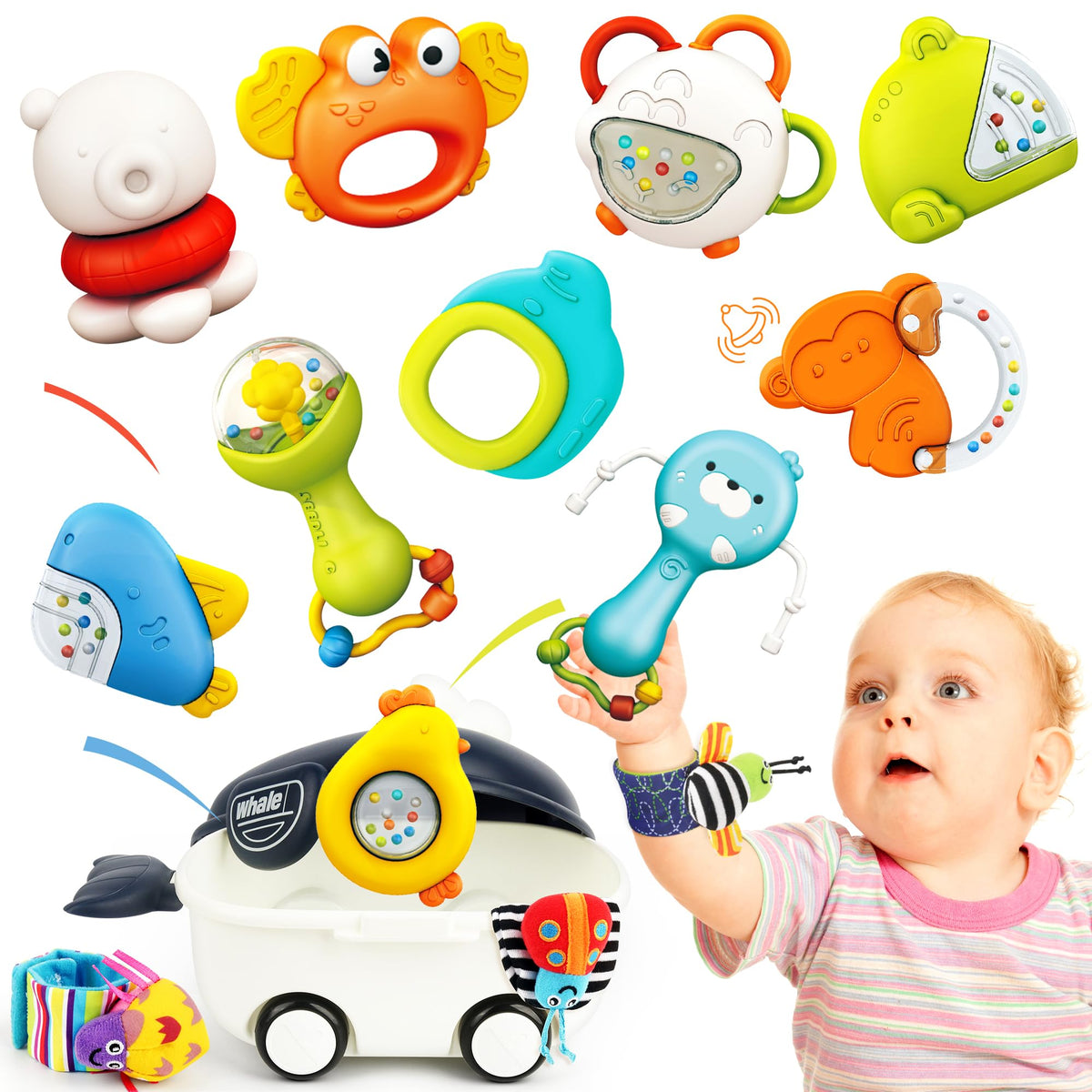 Vanmor wrist rattle blue-band promotes early limb movement and calming sounds