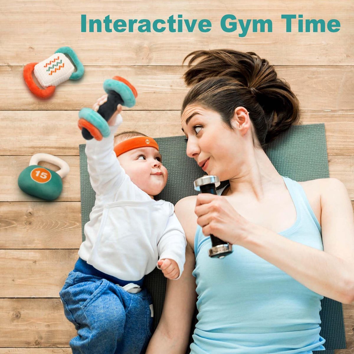 Vanplay barbell toy supporting fine motor play and imaginative pretend workouts.