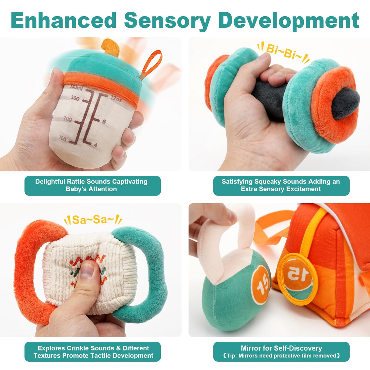 Vanplay shaker bottle toy adds rattles for auditory stimulation during play.