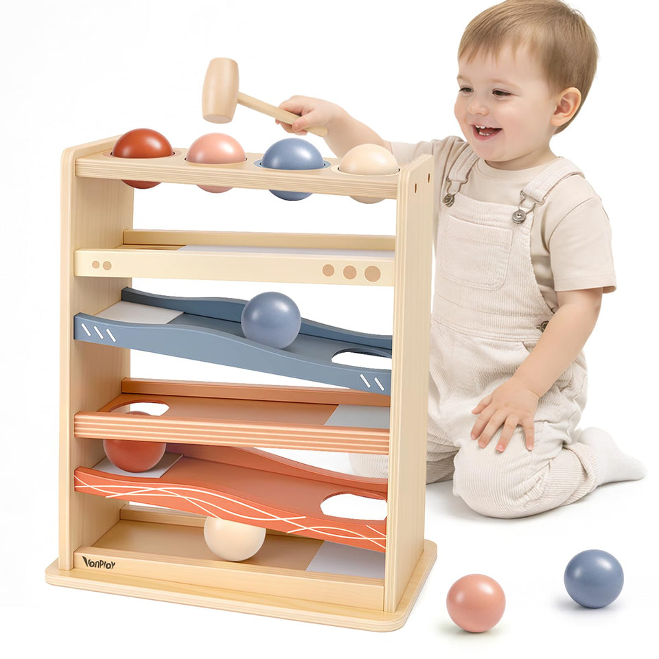 Vanplay Ball Drop Toy with wooden hammer for interactive play and fine motor practice