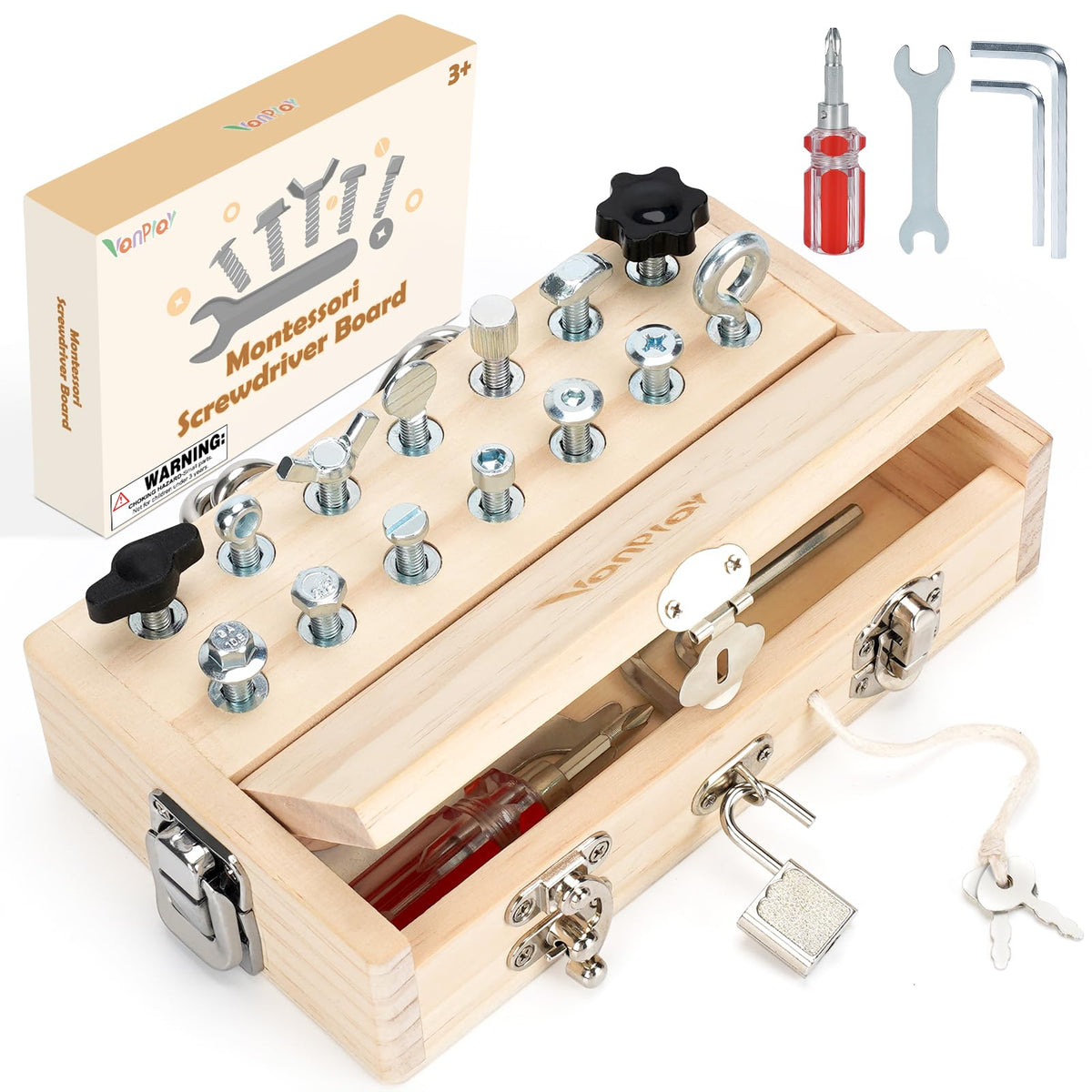 Vanplay Busy Board screwdriver board activity supports focus and fine motor skill development.
