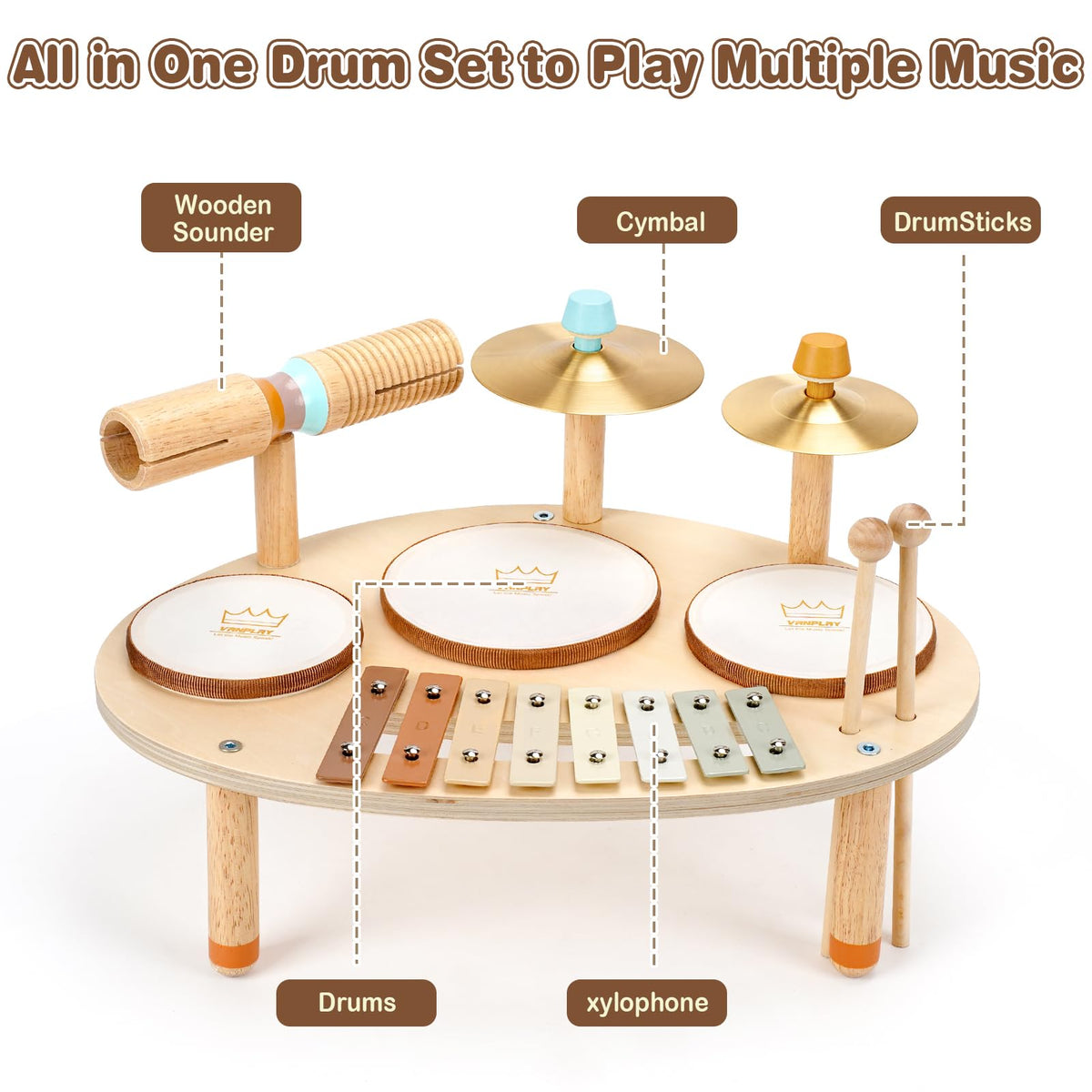 Vanplay drum set features two cymbals for expressive percussion and social play.