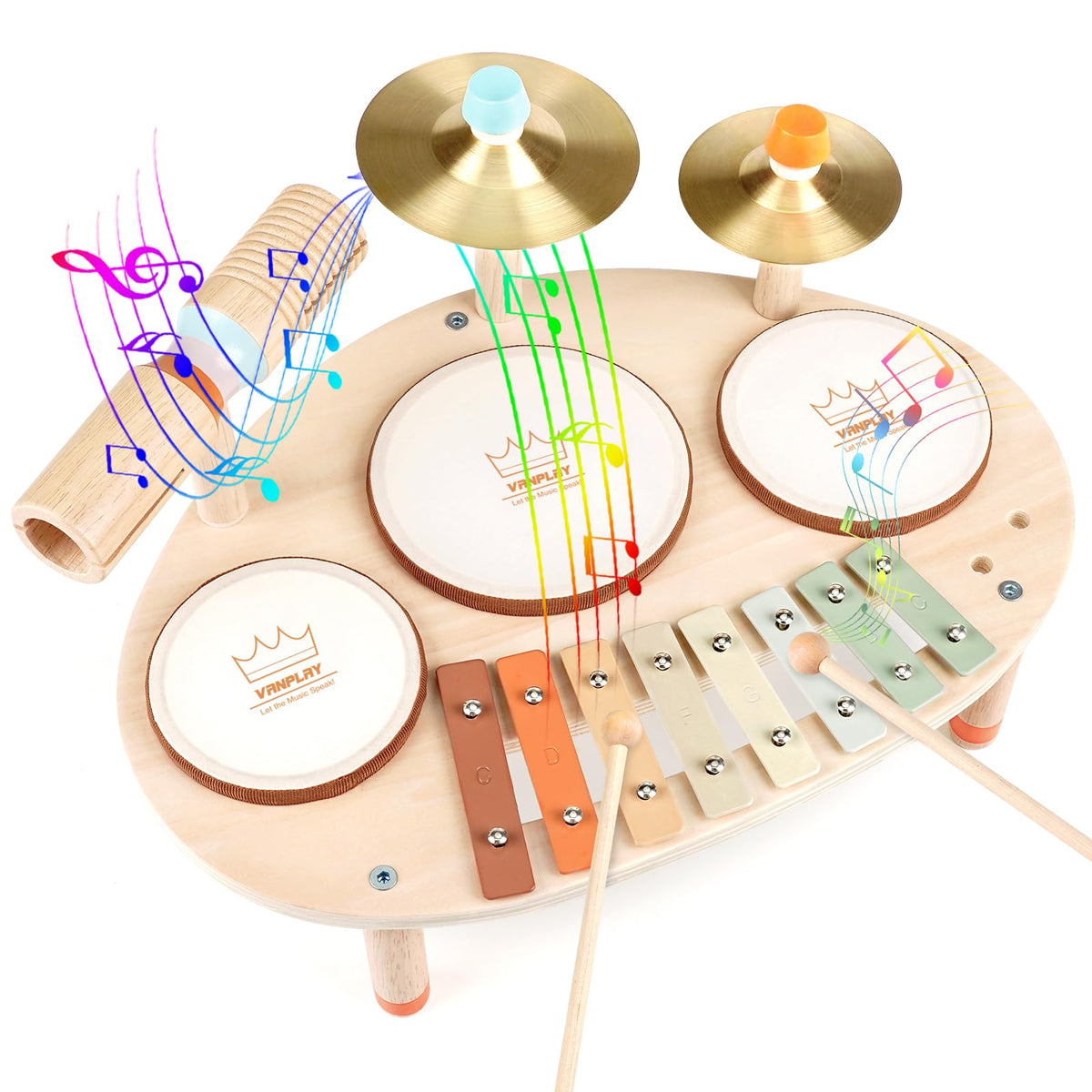 Vanplay toddler drum set with three drums promotes rhythmic play and focus during guided sessions.