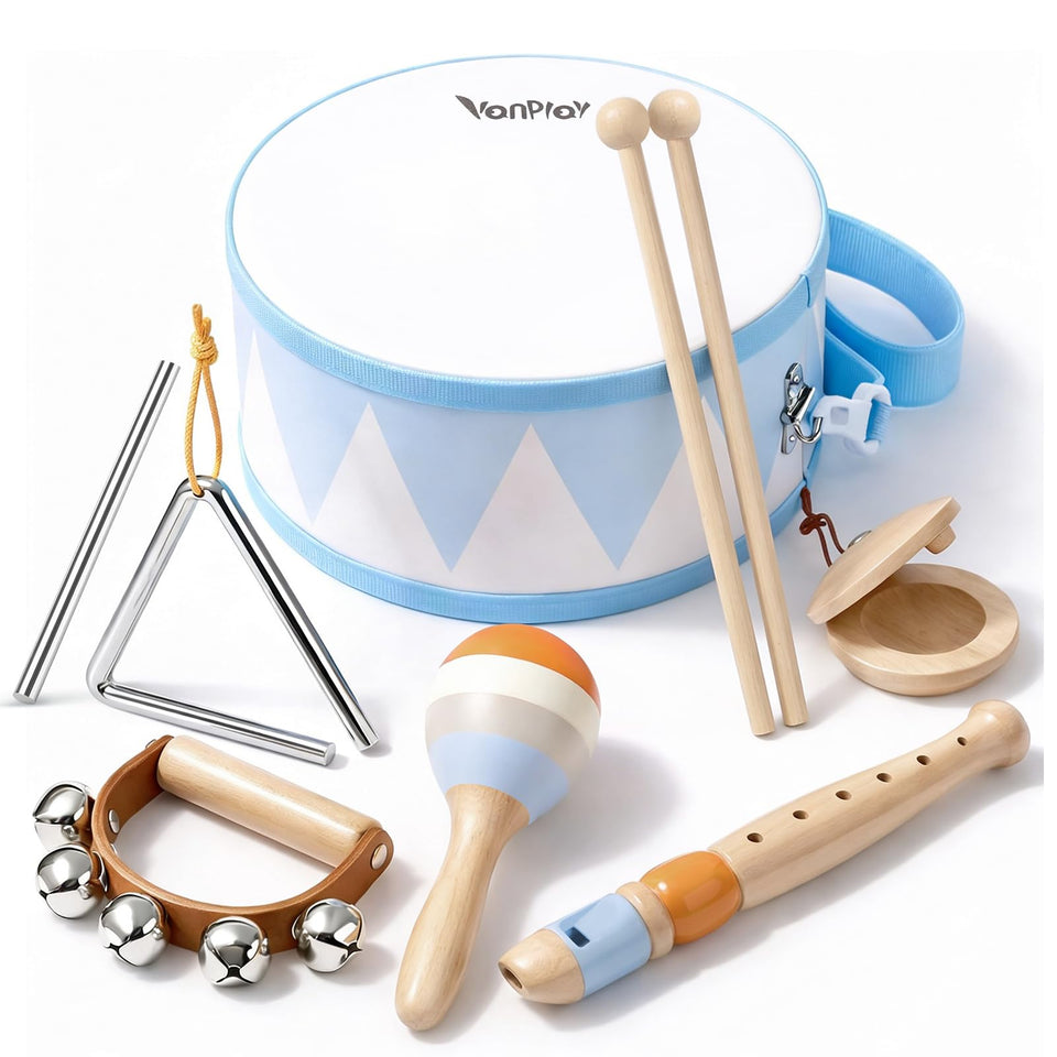 Vanplay drum set for toddlers encouraging hands-on rhythm exploration.