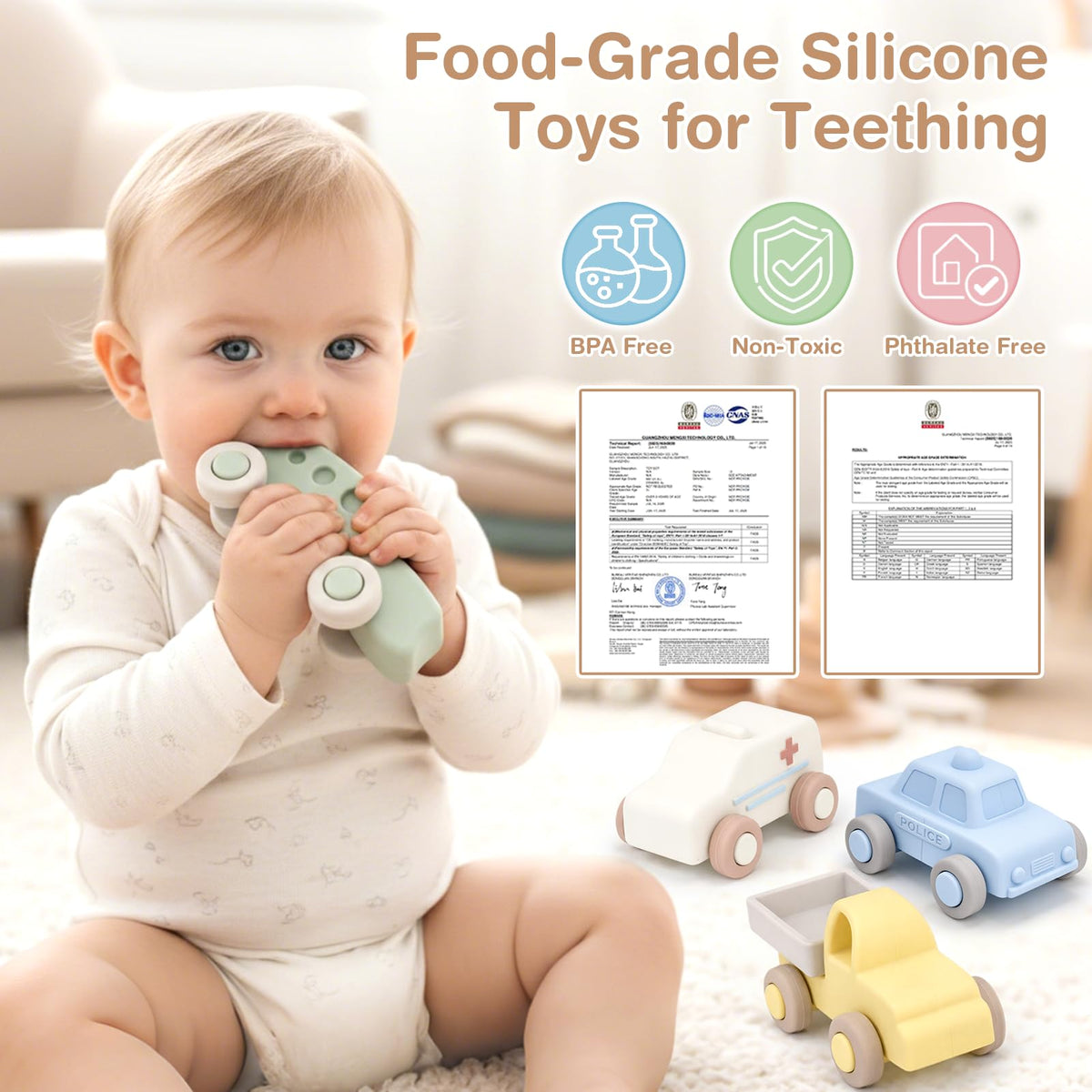 Vanplay durable silicone car toys withstand drops while encouraging fine motor activities.