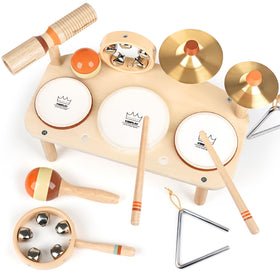 Vanplay Kids Drum Set closeup highlighting safe wooden finish for toddler play.