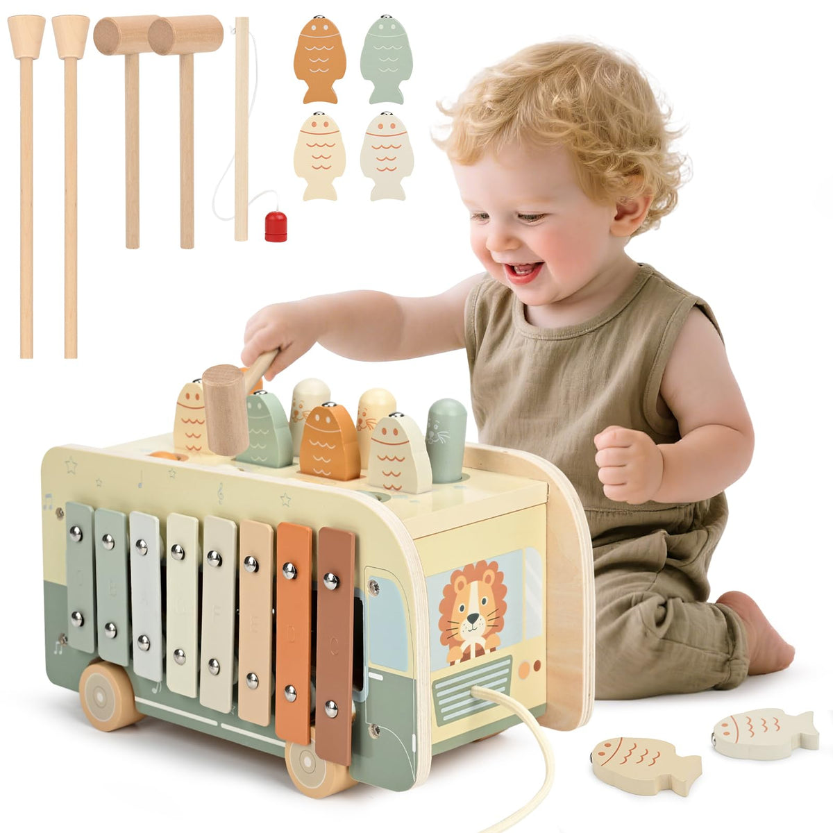 Vanplay Montessori wooden hammering toy with colorful pegs to boost fine motor skills.