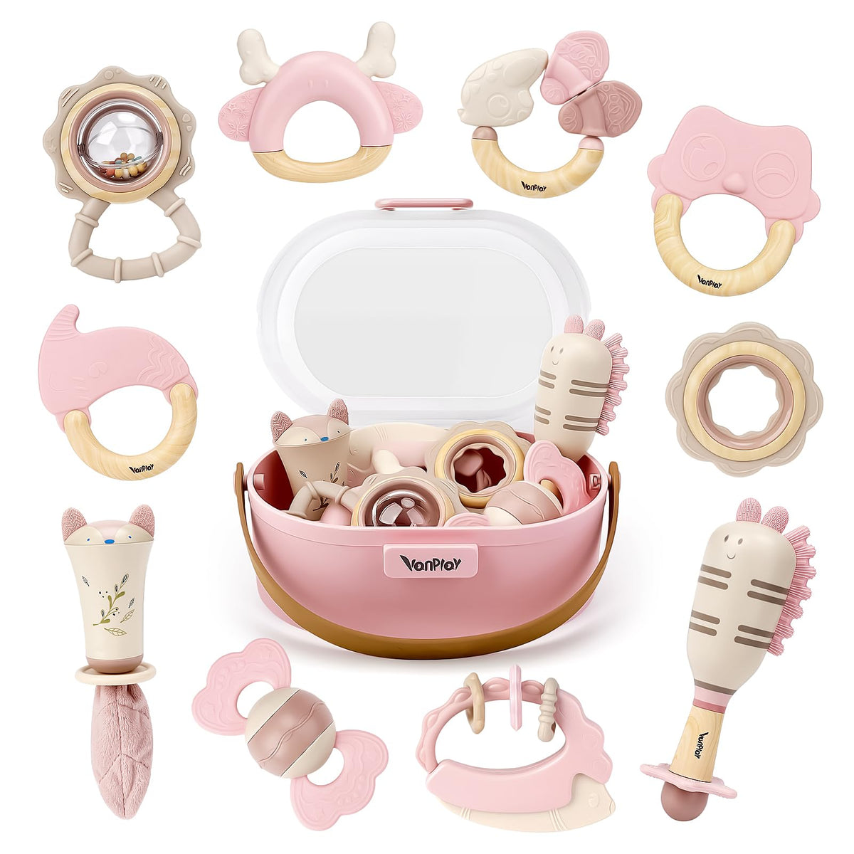 Vanplay pink baby rattle set top view, ideal for early play and grasp development