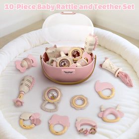 Vanplay pink teether rattle closeup, soft silicone soothes gums during teething