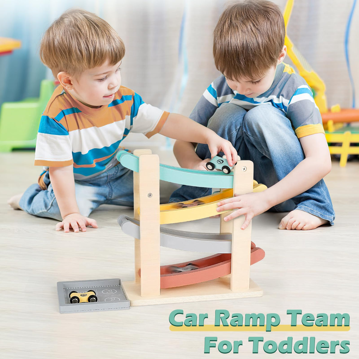 Vanplay race track play area with four tracks encourages collaborative play.