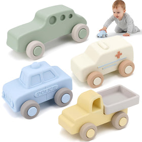 Vanplay silicone baby car toys 4-piece set with storage box for organized playtime.