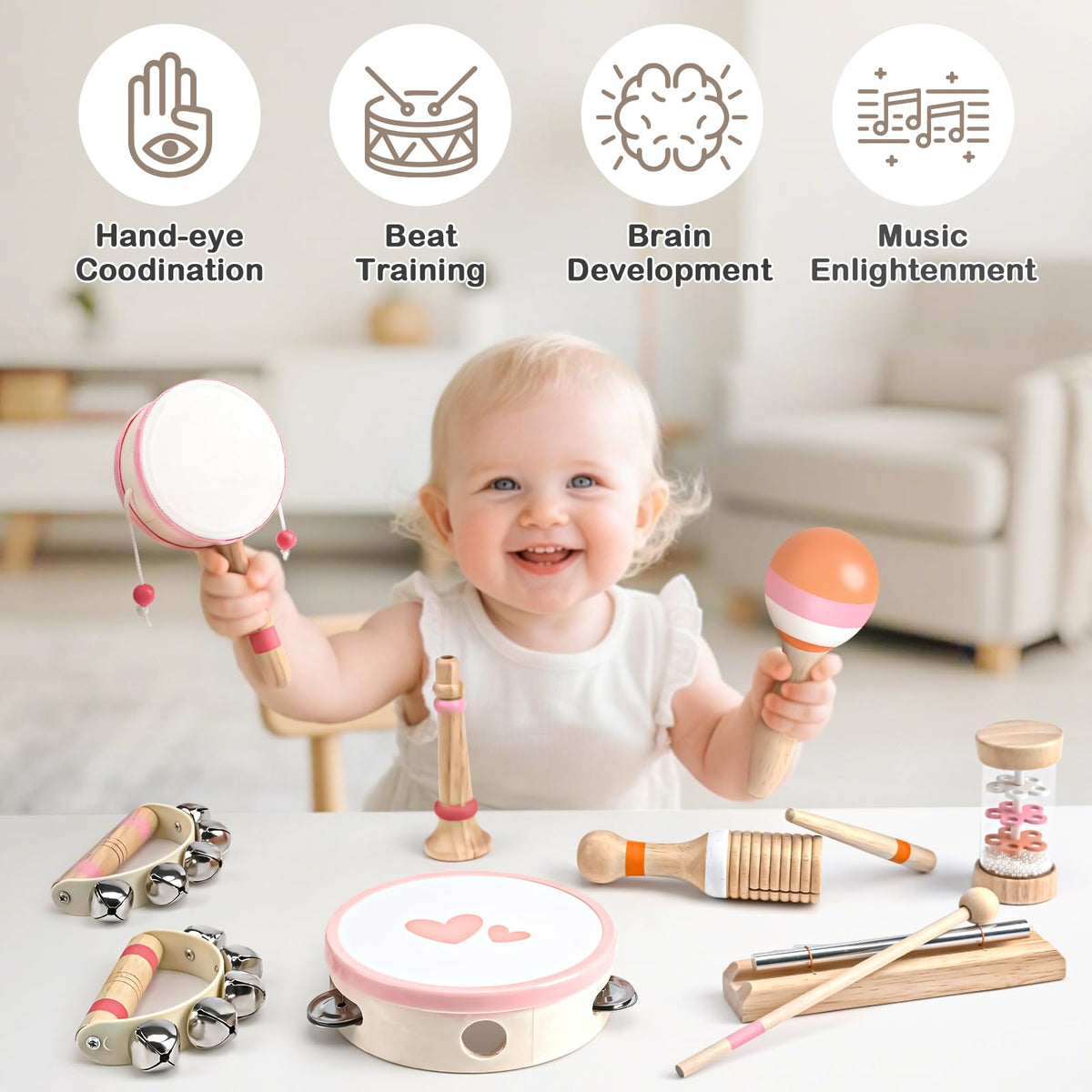 Vanplay wooden maracas in action, encouraging sensory play and rhythm recognition.