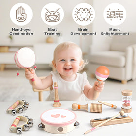 Vanplay wooden maracas in action, encouraging sensory play and rhythm recognition.