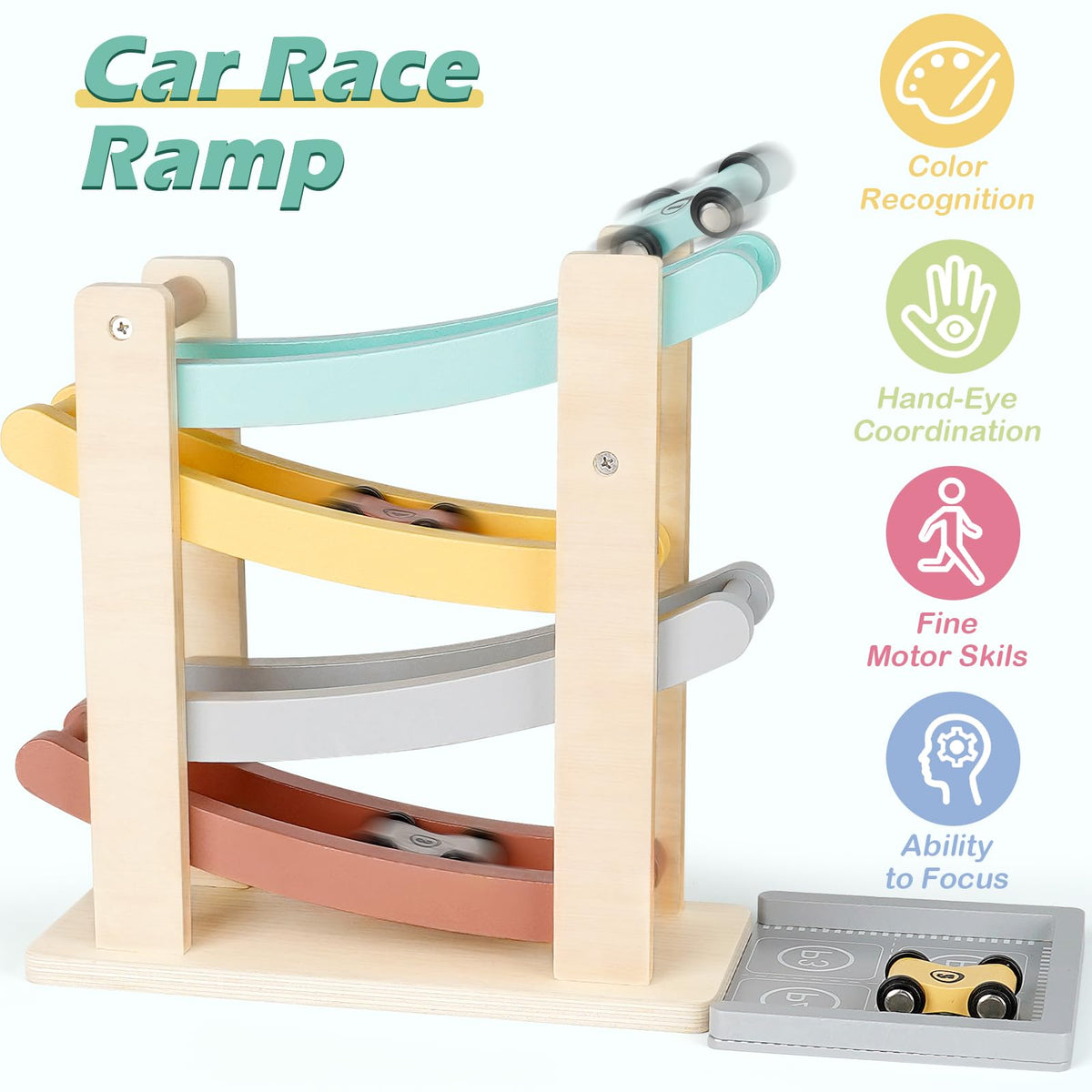 Vanplay wooden mini cars on track—durable, safe, and perfect for pretend racing.