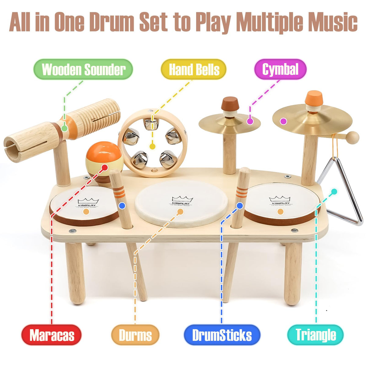 Vanplay wooden musical instruments table demonstrates versatile play surface.