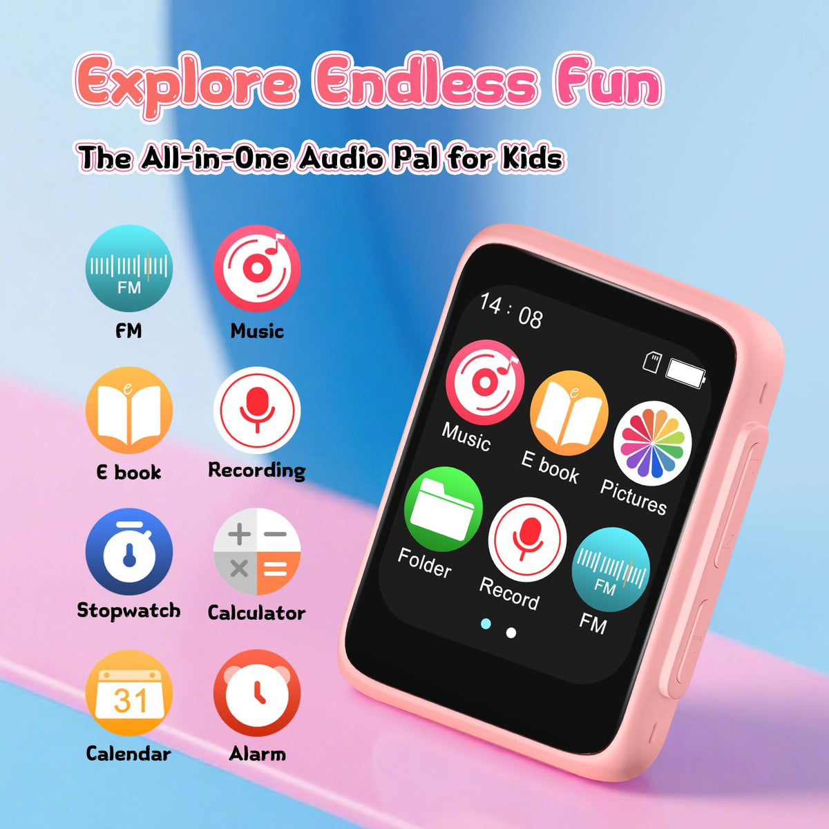 VANSING pink MP3 player showing battery life and long play time.