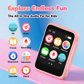 VANSING pink MP3 player showing battery life and long play time.