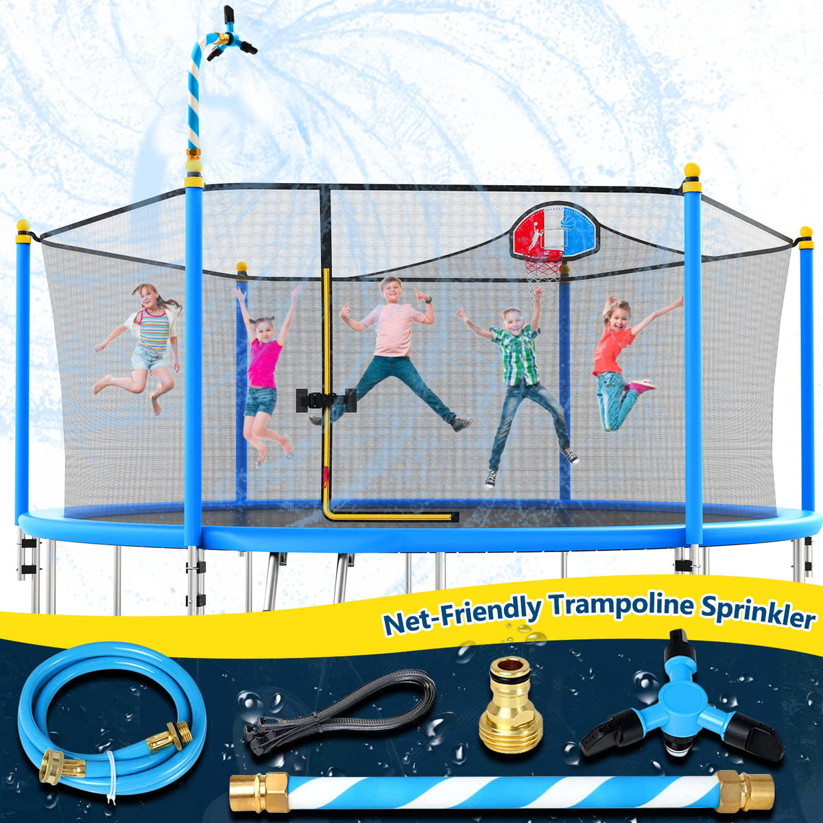 Vantic Trampoline Sprinkler outside-net-setup shows easy installation and safe play