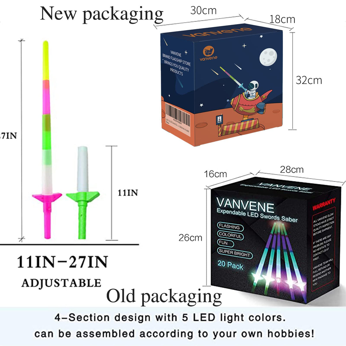 VANVENE extendable laser sabers extend from 18 to 30 inches for flexible play.