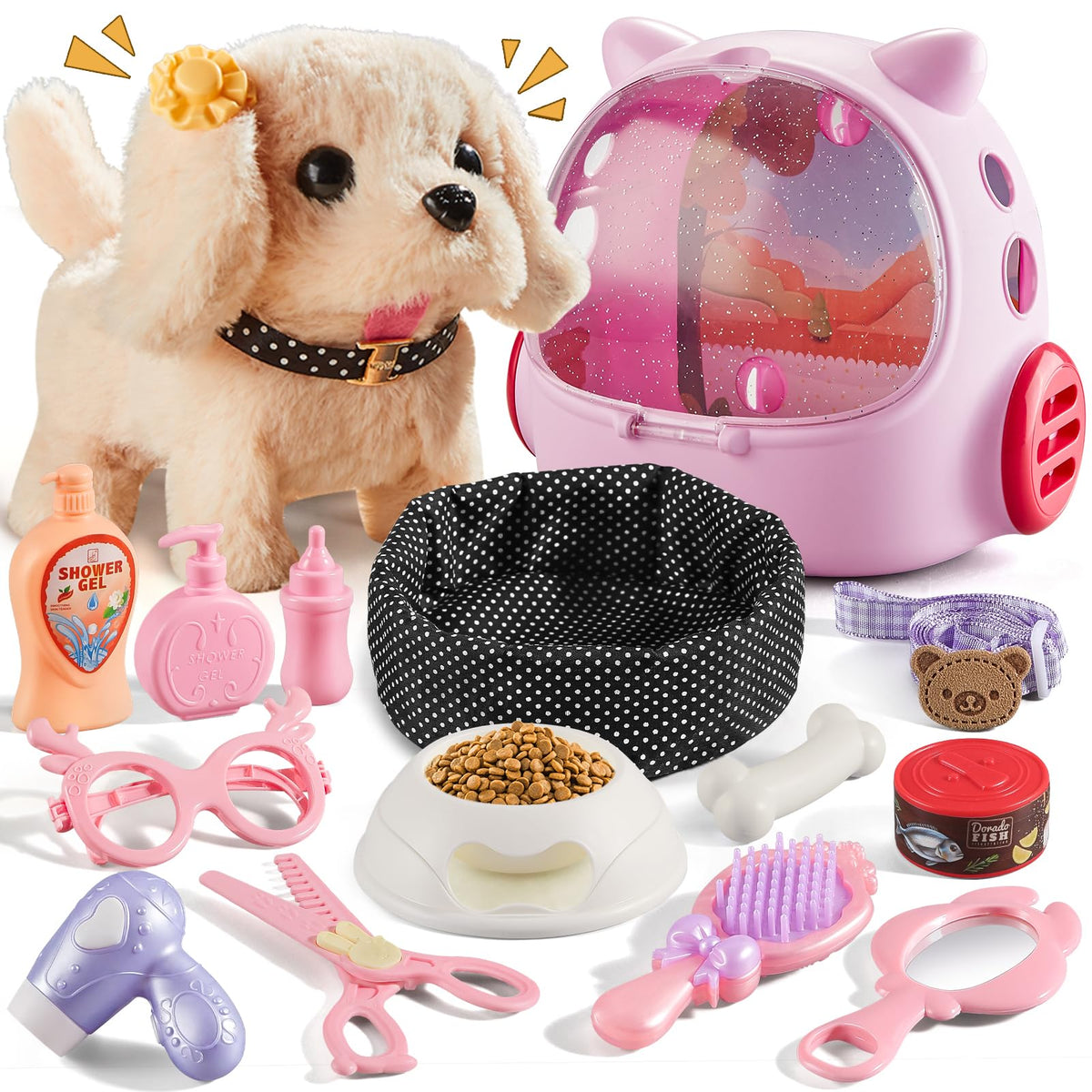 Vanvimen 16-pcs robot puppy playset packaging shows complete pretend pet kit for kids