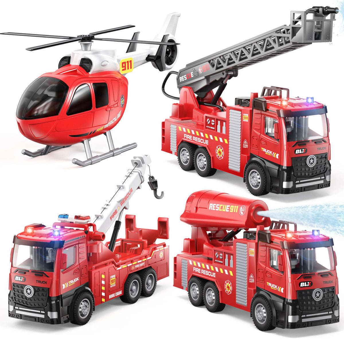 Vanvimen 4-pack fire truck toys front view, engaging pretend play
