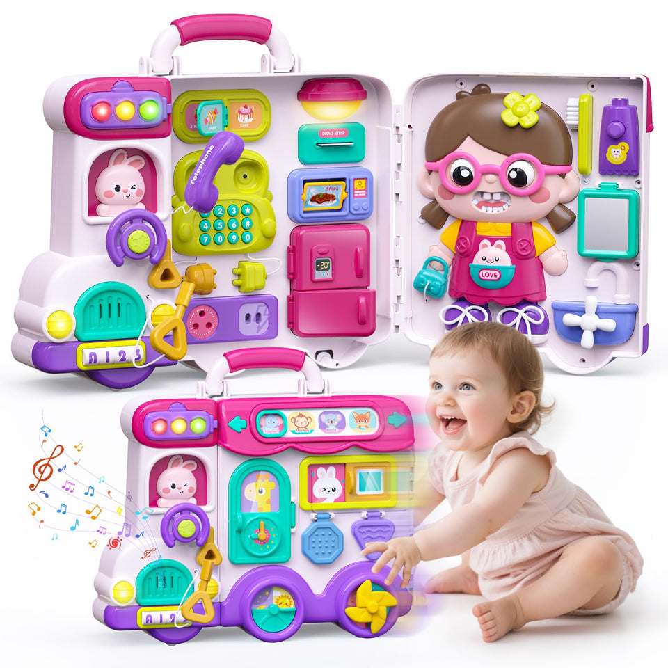 Vanvimen 54-in-1 busy board with activity panels to boost fine motor skills.